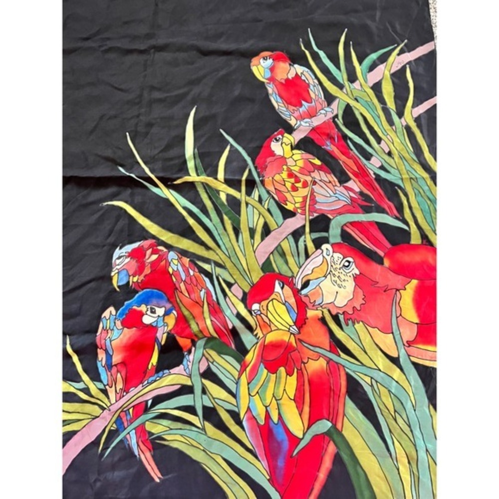 Vibrant Macaw Parrot Silk Scarf Black Tropical Jungle Print Luxury signed‎ MV